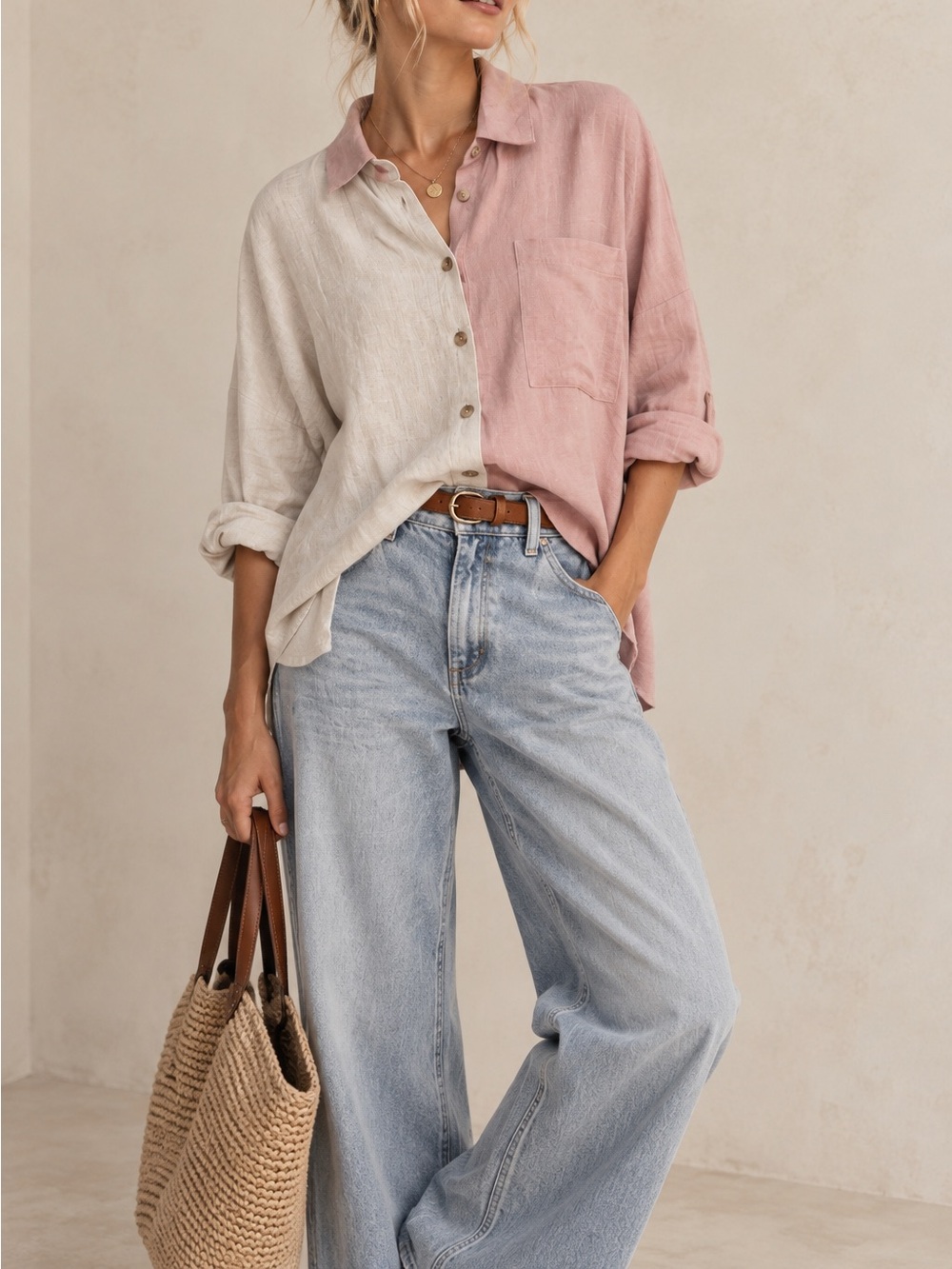 Andrée by Unit "Same Heart" Colorblock Button Down Linen Blend Top Oversized SM
